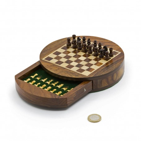 Chess set magnetico rotondo con scacchi e cassetto in legno naturale palissandro e acero intarsiato a mano.