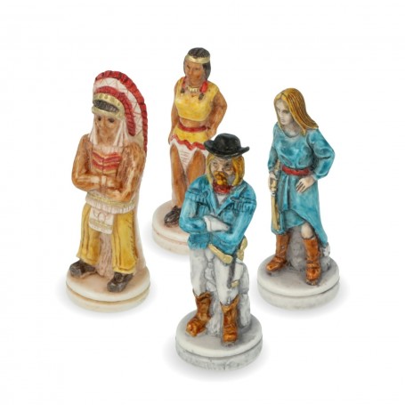 Scacchi Far West Cowboy contro Indiani in alabastro e resina dipinti a mano.
