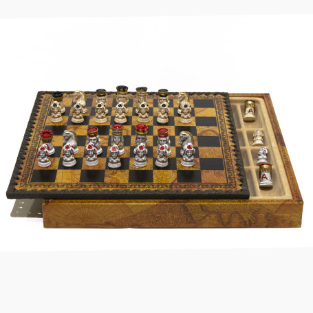 Chess Set Completo di Scacchi "LA POKERINA" in Alabastro e Resina Dipinti a Mano e Scacchiera con Box Contenitore in Similpelle