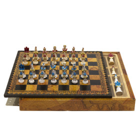 Chess Set Completo di Scacchi "ANTICA ROMA" in Alabastro e Resina Dipinti a Mano e Scacchiera con Box Contenitore in Similpelle